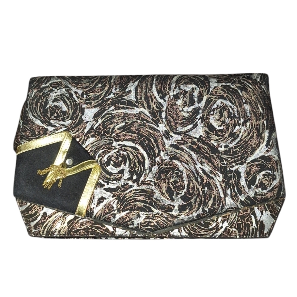 ARABESQUE MADE IN ITALY SATIN FOLDOVER CLUTCH W/VEGAN LEATHER AND SUDED …